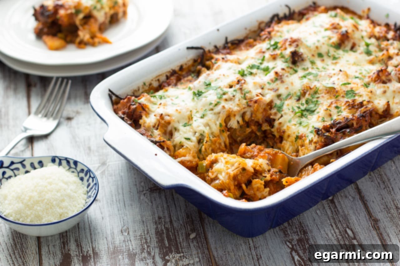 A freshly baked Sausage Pizza Au Gratin Potato Casserole, golden and bubbly, ready for serving