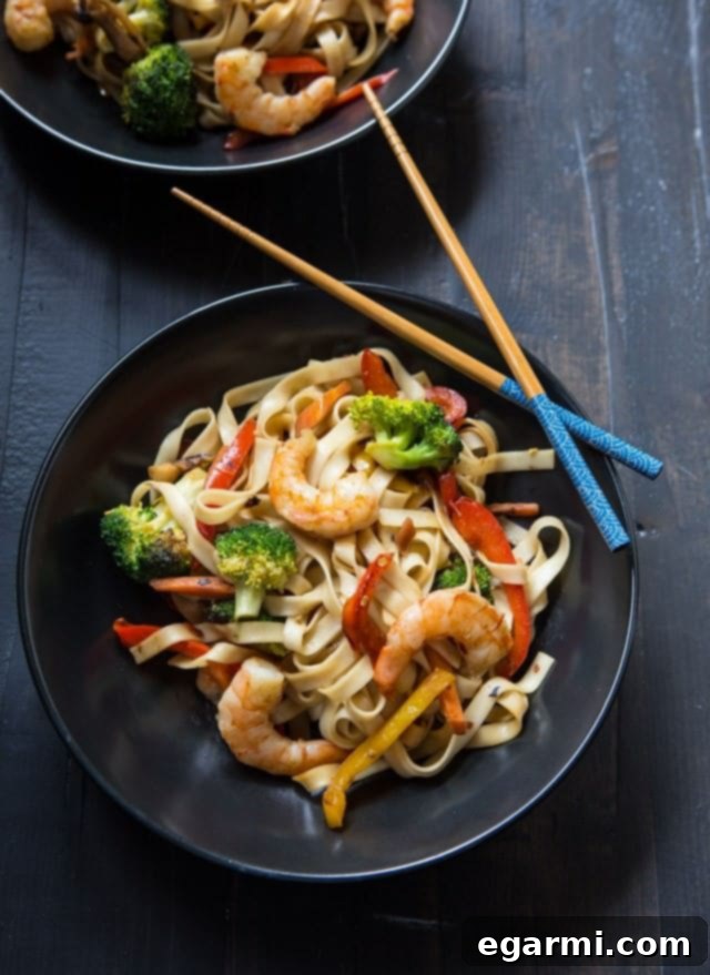A vibrant bowl of Shrimp Lo Mein Stir Fry with thick noodles, succulent shrimp, and fresh vegetables.