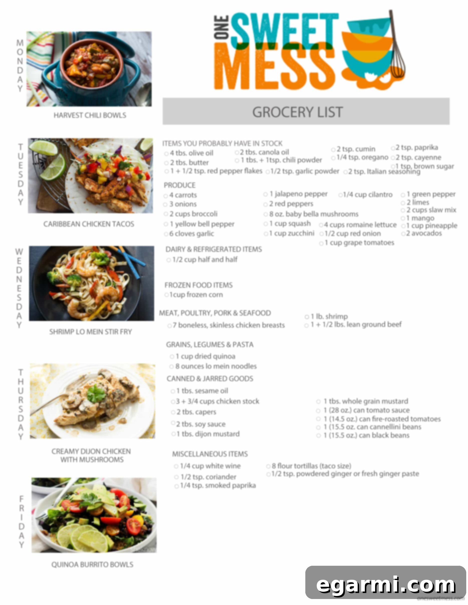 Printable Weekly Meal Plan and Grocery List for the week of August 17, 2015, featuring easy and healthy dinner recipes.