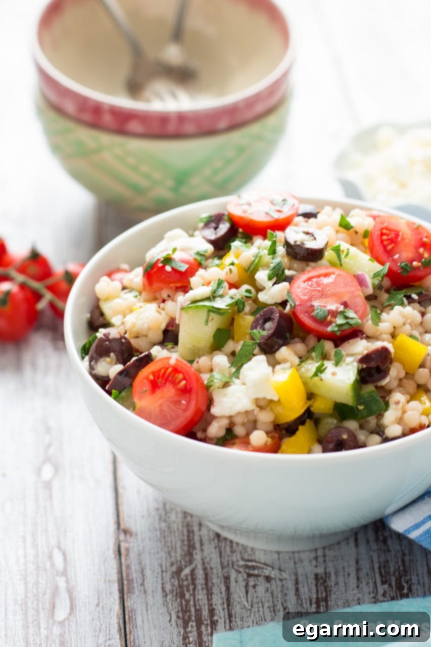 Finished Greek Israeli Couscous Salad ready to be served