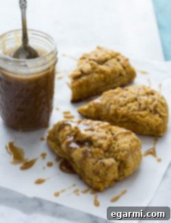 Final image of Pumpkin Spice Scones with Bourbon Caramel Glaze
