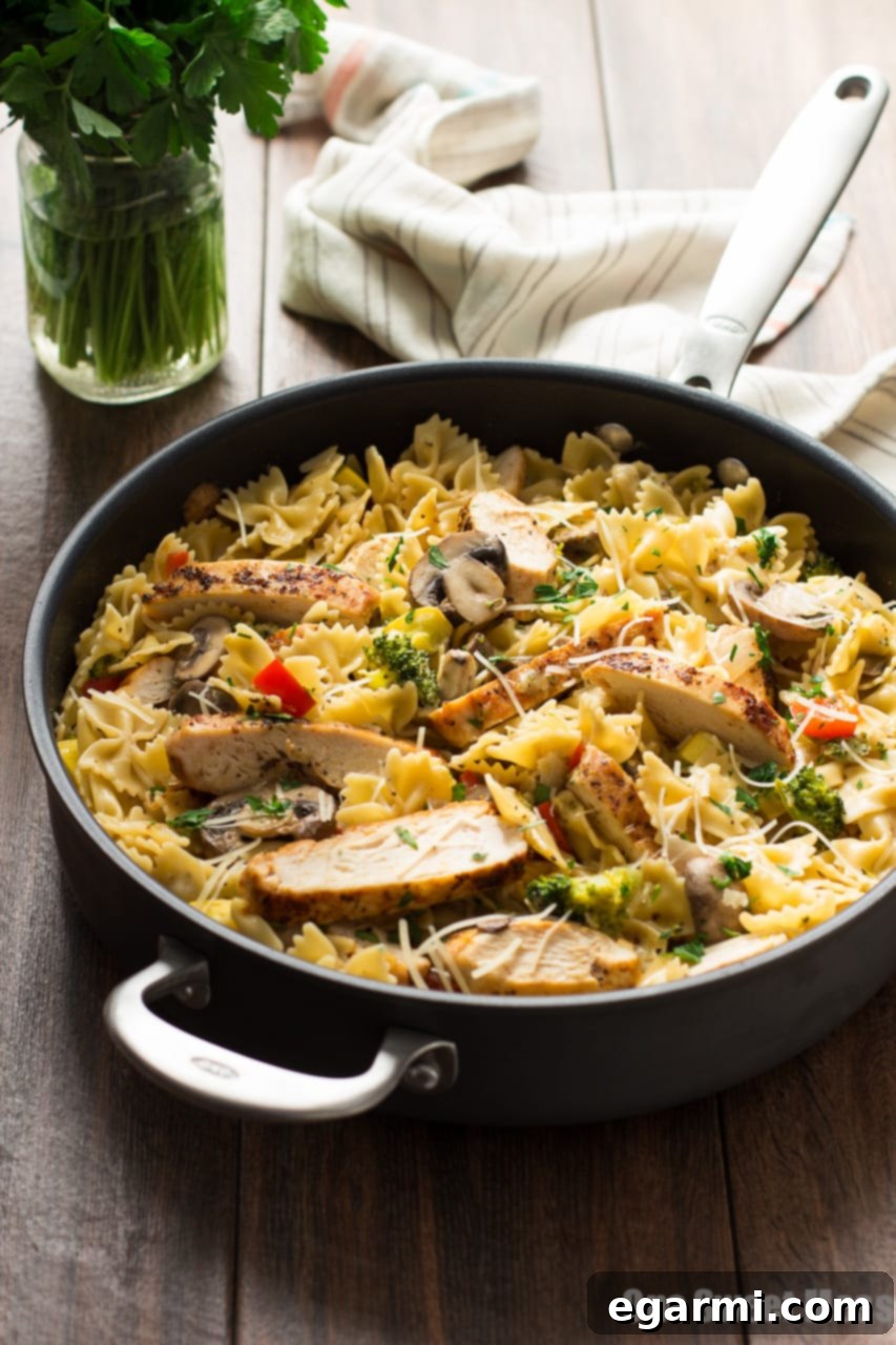 Chicken Alfredo Primavera: Juicy chicken, fresh seasonal vegetables, and creamy Alfredo sauce with bow-tie pasta, ready in 30 minutes for a perfect family meal.