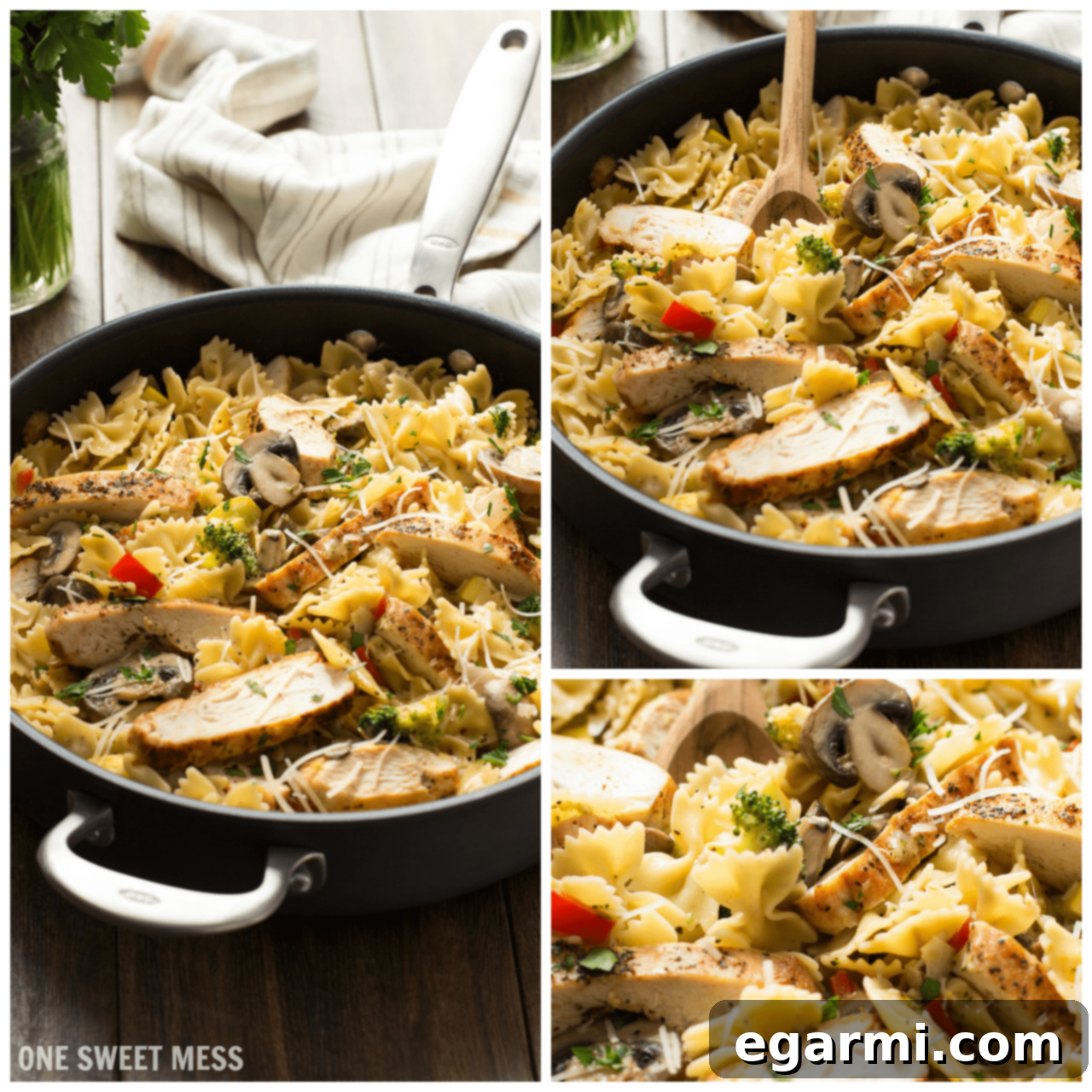 Close-up of Chicken Alfredo Primavera, highlighting the creamy sauce, bow-tie pasta, and colorful vegetables, perfect for a quick and satisfying dinner.