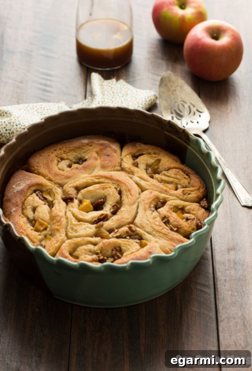 Gooey Caramel Apple Cinnamon Swirls 4 Close-up view of the delicious apple and pecan filling for cinnamon rolls