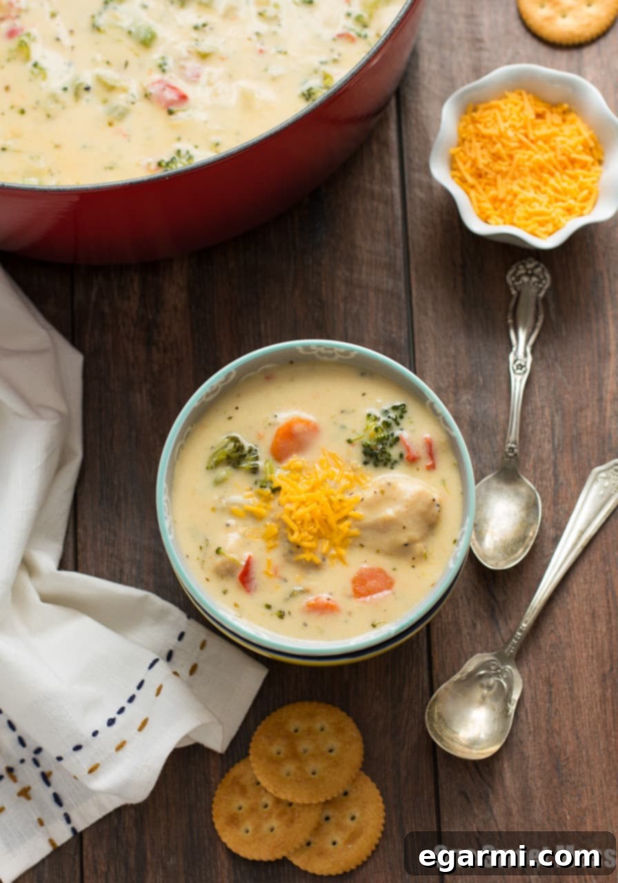 Cheesy Chicken & Veggie Chowder - Bowl with fresh herbs