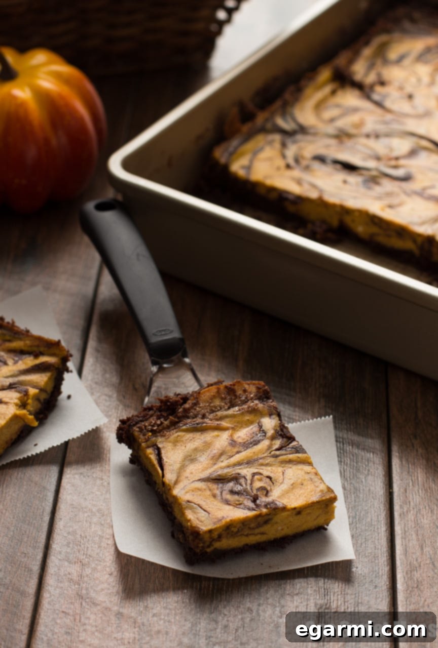 Close-up of a Pumpkin Cheesecake Swirl Brownie, showcasing the marbled layers