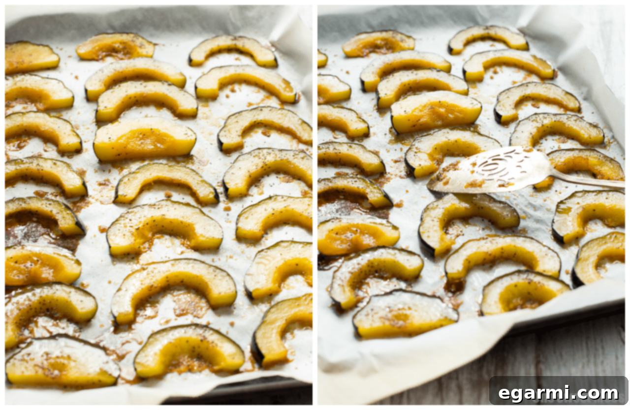 Close-up of roasted acorn squash with brown butter and brown sugar