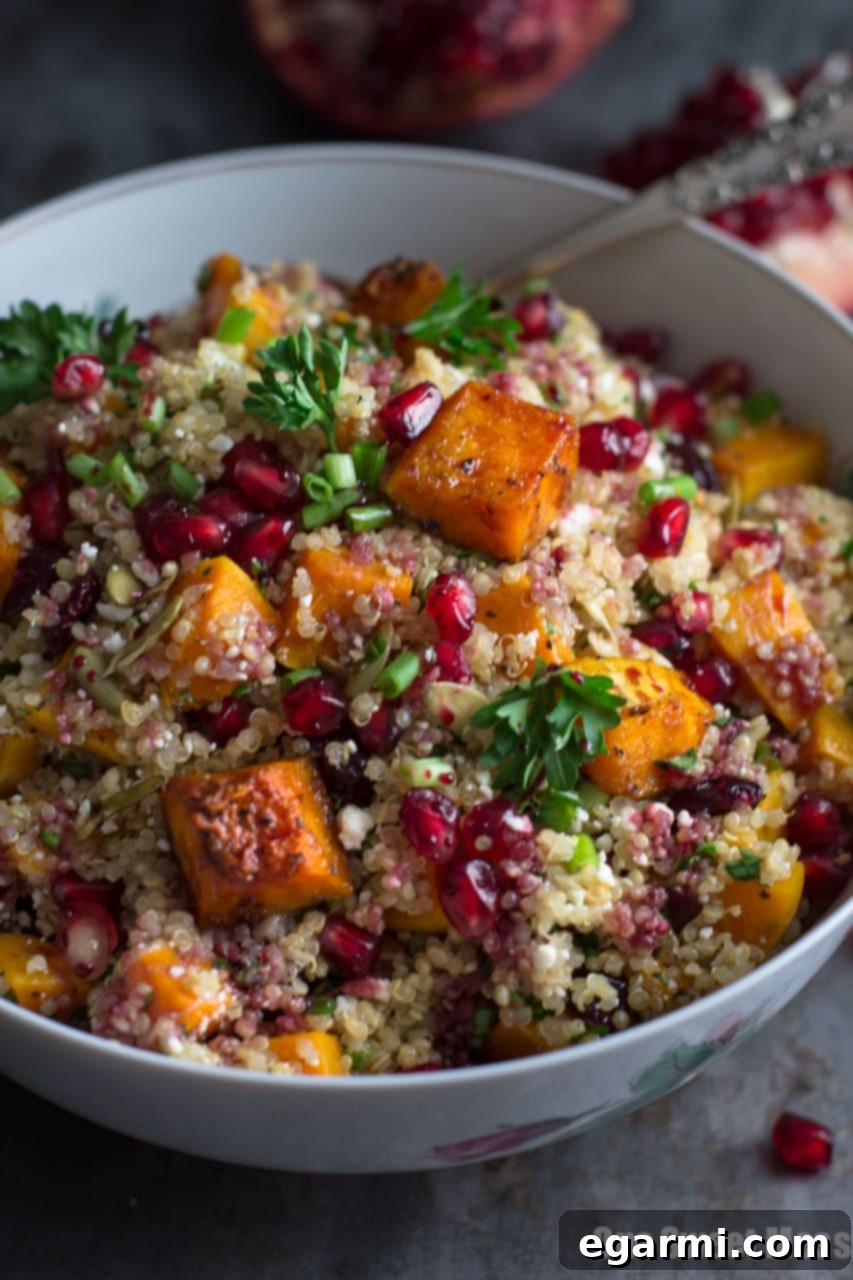 Golden Roasted Butternut Quinoa Salad 4 Roasted Butternut Squash Quinoa Salad - Overhead shot with fork