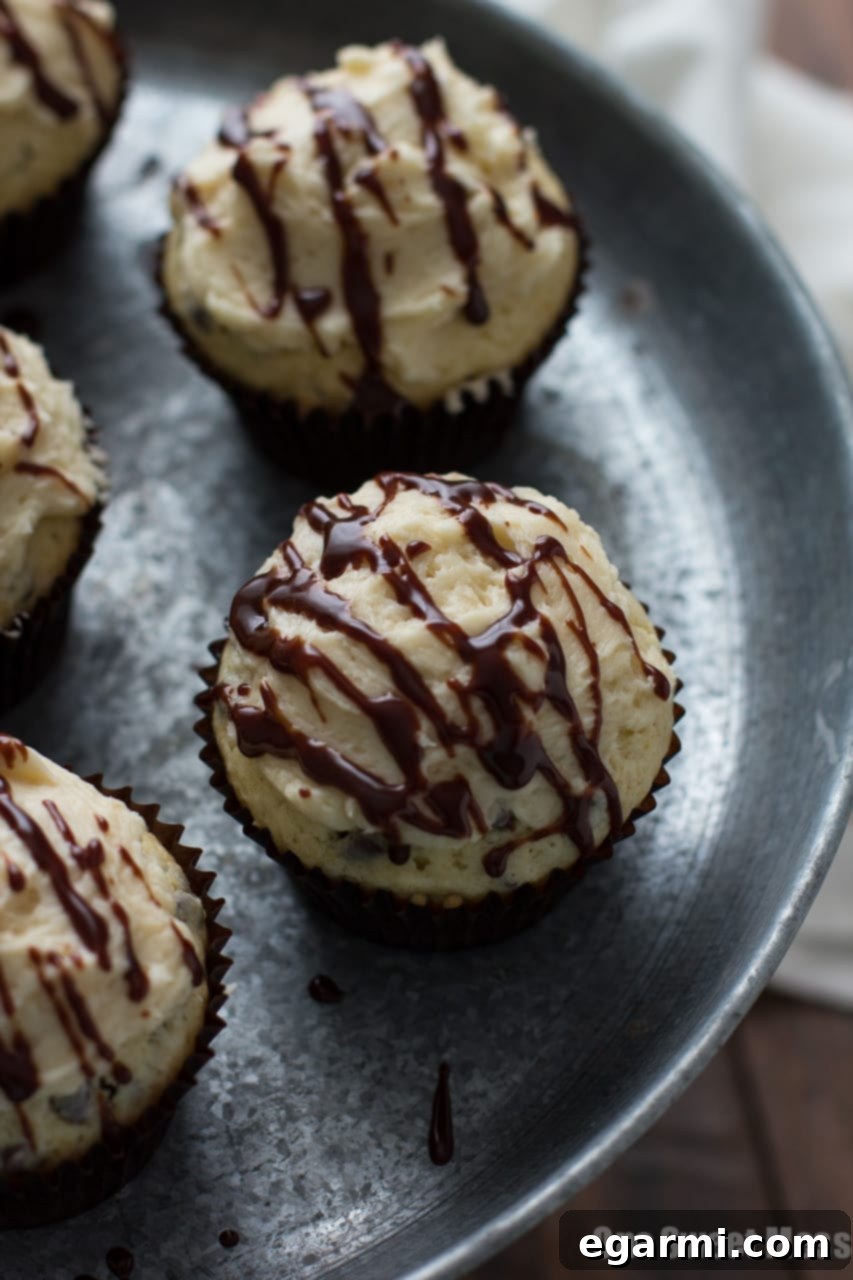 Fudge Stuffed Chocolate Chip Cupcakes with Malted Milk Buttercream Frosting