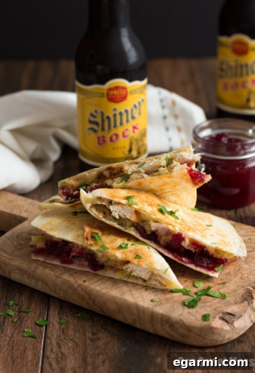 Turkey, Stuffing & Cranberry Quesadilla: All the Thanksgiving leftovers get stuffed between a toasted flour tortilla with smoked cheese.