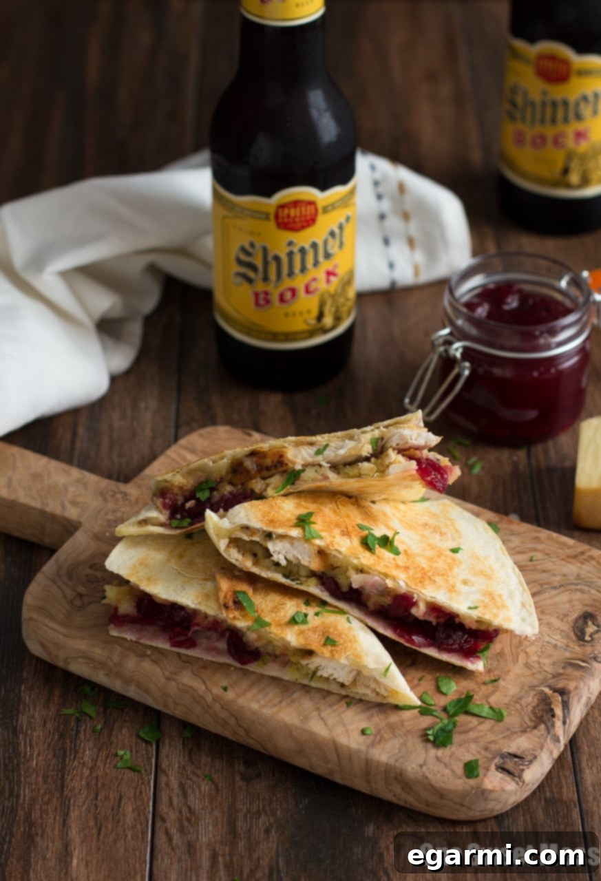 Turkey, Stuffing & Cranberry Quesadilla: All the Thanksgiving leftovers get stuffed between a toasted flour tortilla with smoked cheese.