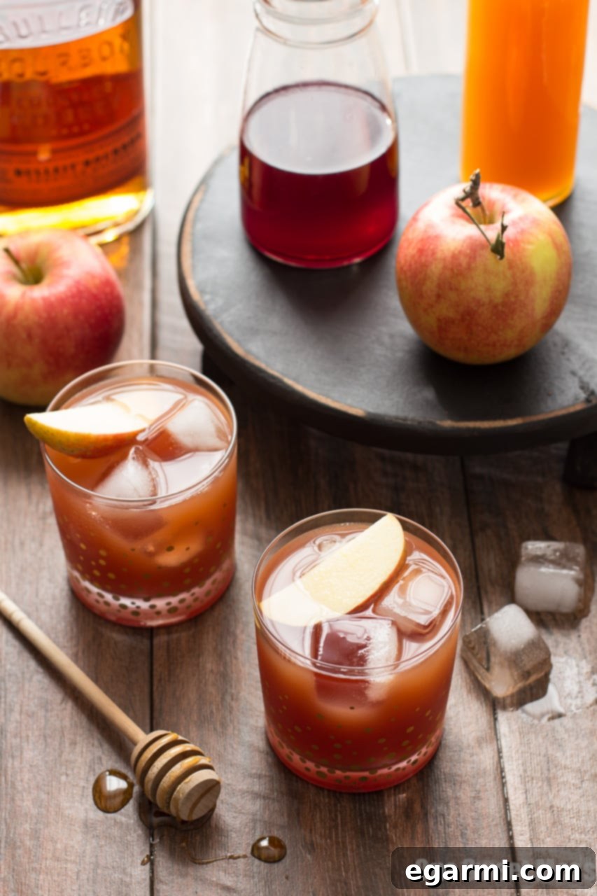Pomegranate Cider Bourbon Splash, garnished with lemon and ice