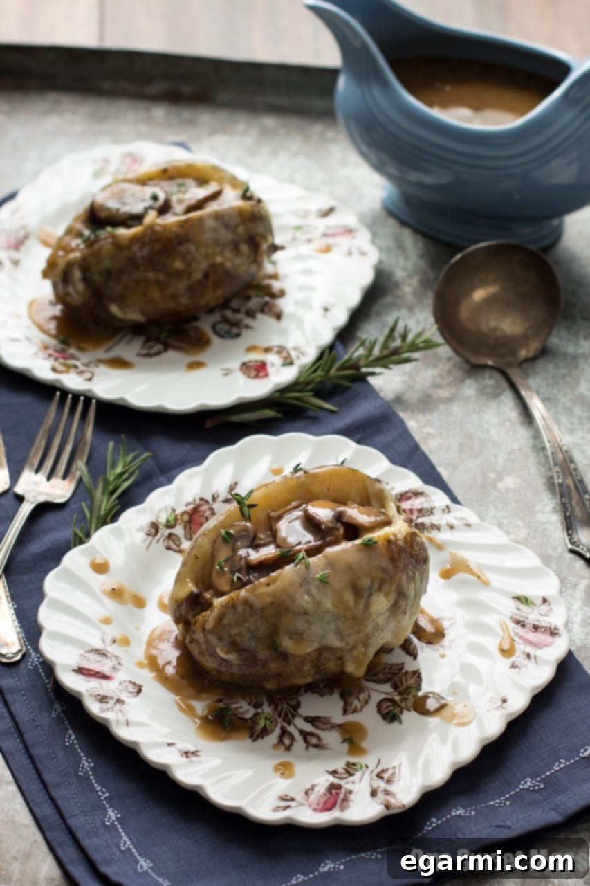 Mushroom Gravy & Swiss Cheese Stuffed Baked Potatoes - A Comforting Vegetarian Meal