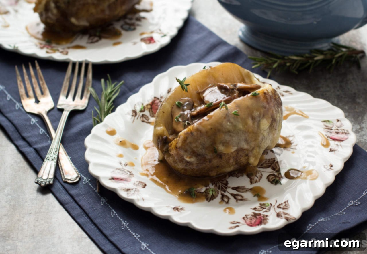 Delicious Vegetarian Stuffed Baked Potatoes with Mushroom Gravy