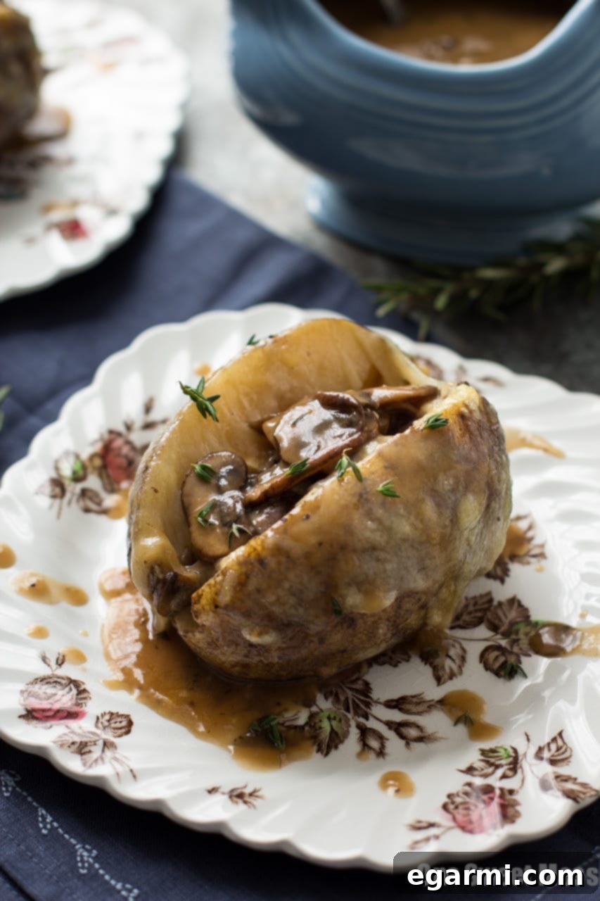 Finished Mushroom Gravy and Swiss Cheese Stuffed Baked Potatoes