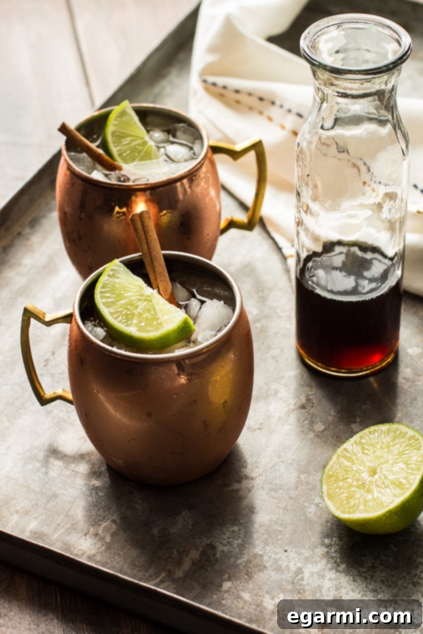 A stunning shot of the Mid-Winter Mule cocktail, showcasing the vibrant colors and appealing garnish in a classic copper mug.