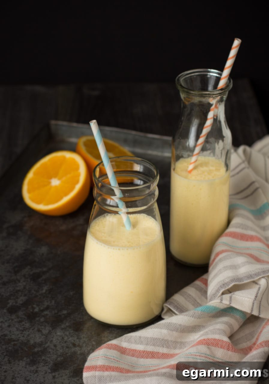 Dreamsicle Smoothie: A vibrant orange and vanilla smoothie with creamy texture and high protein, garnished with orange slices. Healthy and delicious.