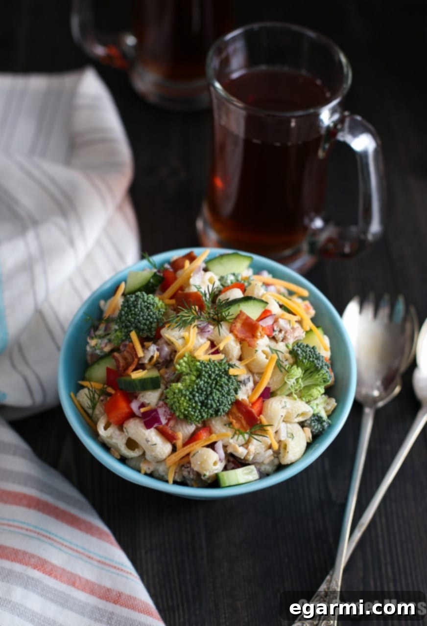 Cheddar Bacon Ranch Pasta Salad: This veggie-loaded pasta salad gets drenched with Greek yogurt ranch dressing and loaded with shredded cheddar cheese and crispy bacon crumbles. 