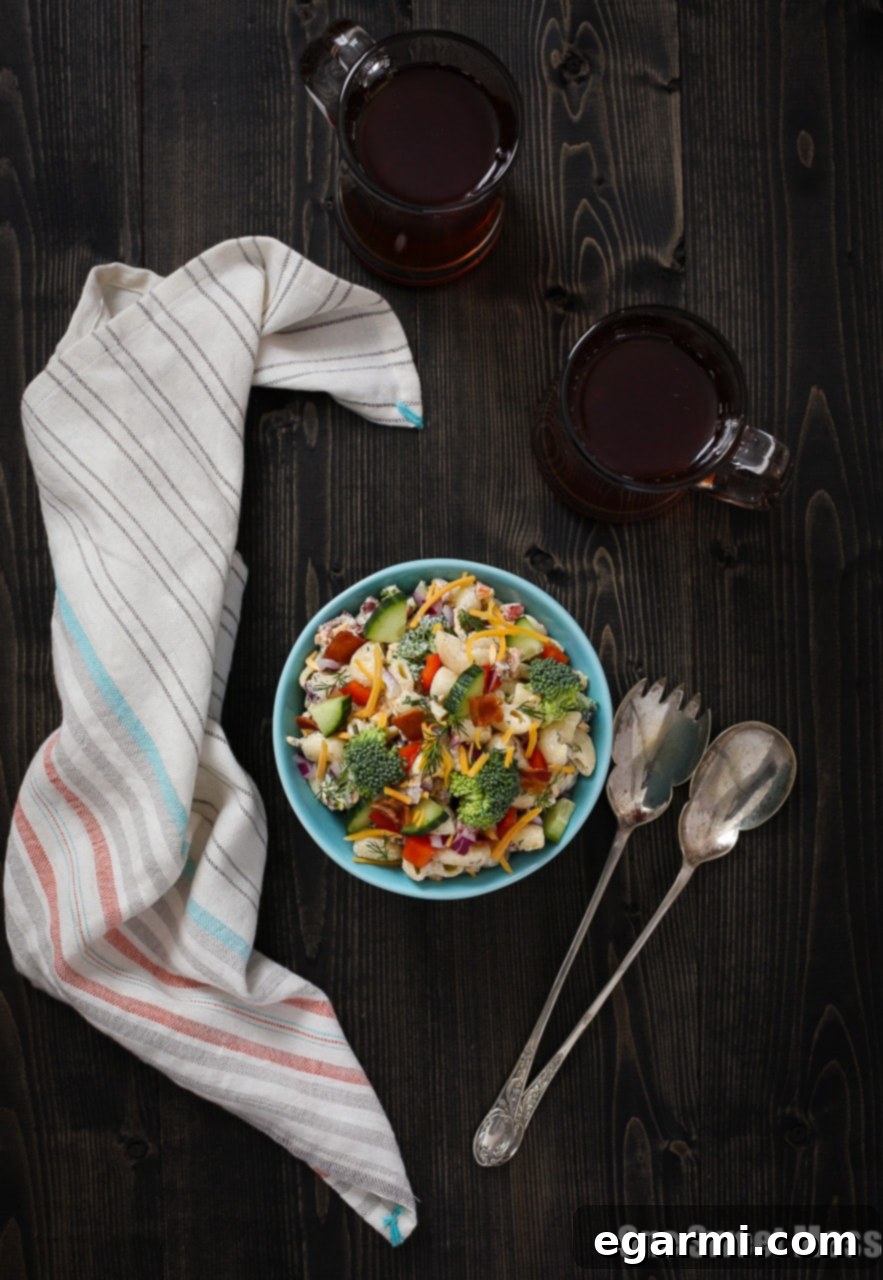Cheddar Bacon Ranch Pasta Salad: This veggie-loaded pasta salad gets drenched with Greek yogurt ranch dressing and loaded with shredded cheddar cheese and crispy bacon crumbles. 